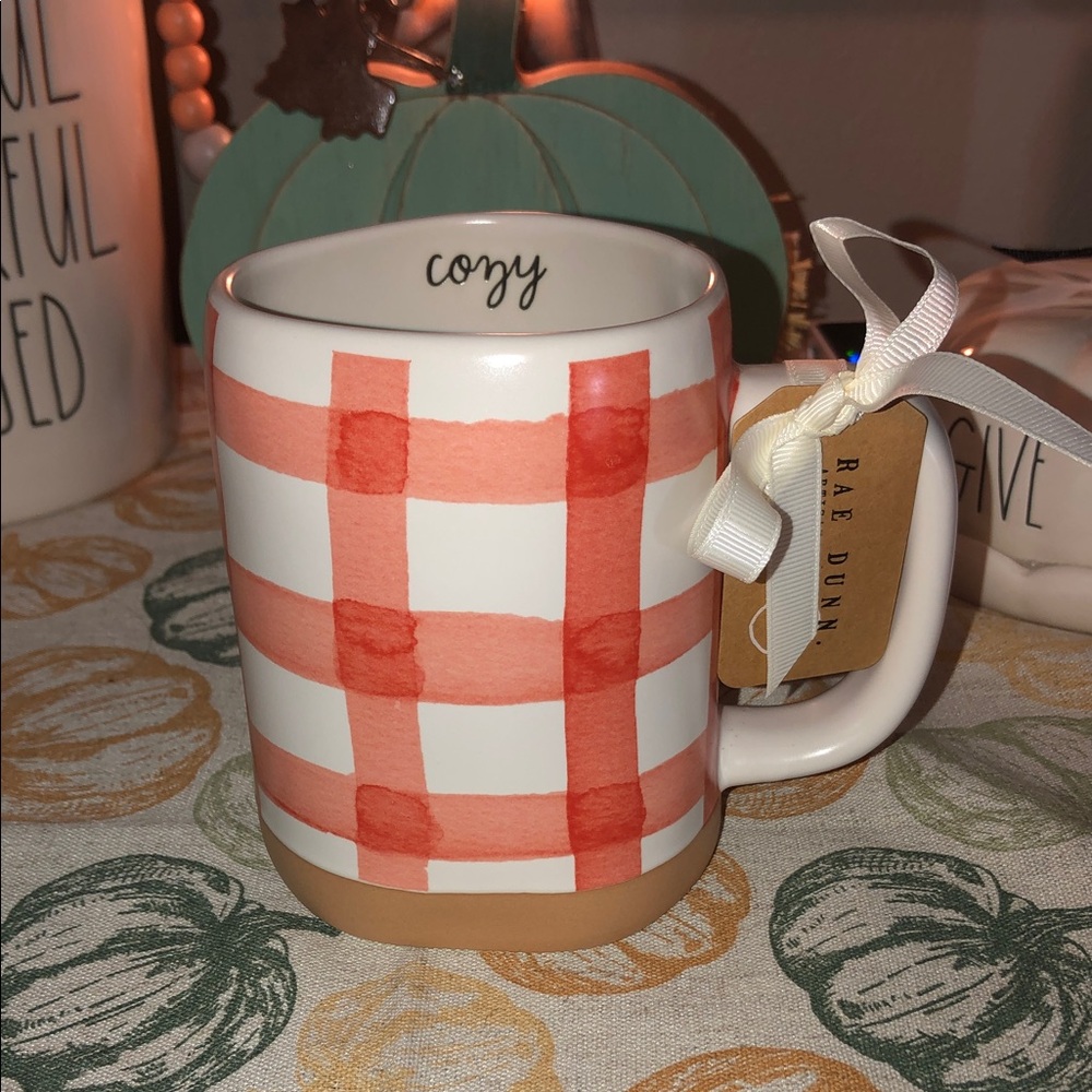 Rae Dunn COZY Mug Orange Checked with Sand Base